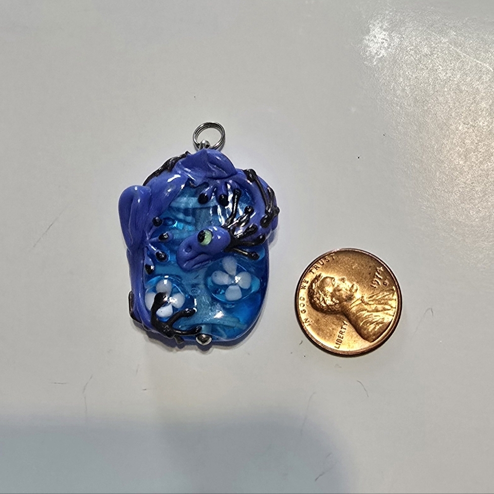 Handcrafted Blue Stone Bead Purple & Black Clay Dragon Pendant White Flowers